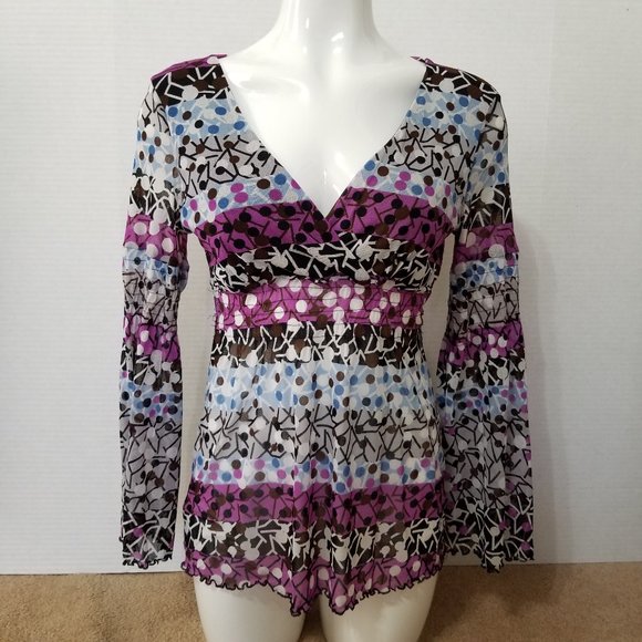 BCBGMaxAzria top Medium geometric stripe polka dot sheer empire bell sleeve - Picture 1 of 9